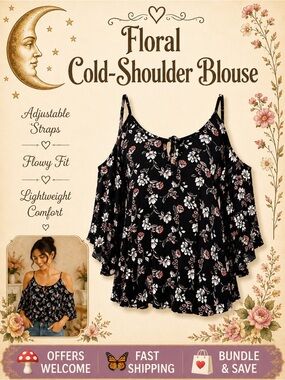 Hollister Floral Cold‑Shoulder Blouse Adjustable Straps Flowy Fit